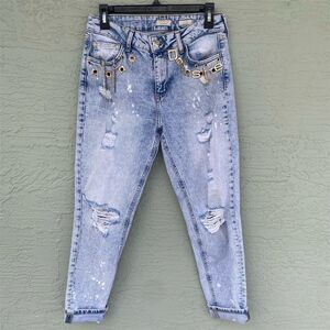 Dishe Women's Boyfriend Jeans Size 26 Light Blue High Waist Crystal Accents